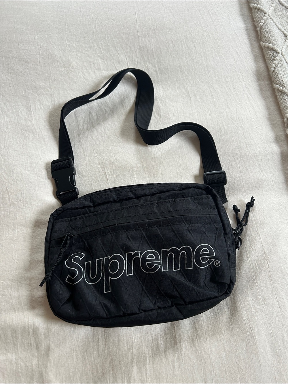 Supreme Black Fanny Pack. Approximately 9” wide x 7” top to bottom. Good used.